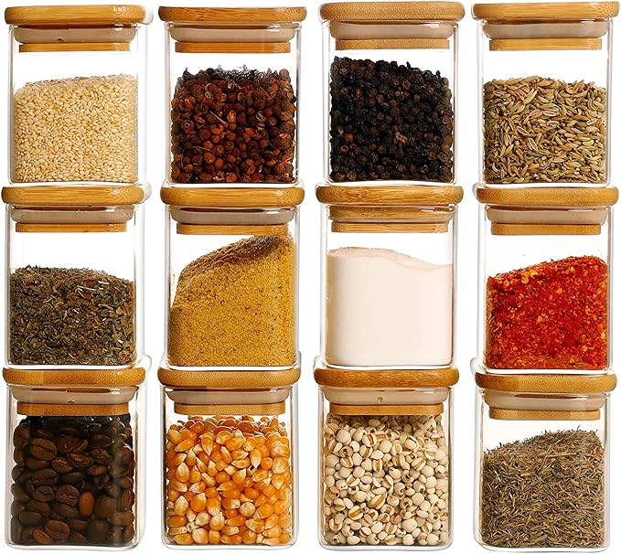 12 Pcs Square Glass Spice Jars - 5oz Airtight Herb Containers with 148 by HHMJSM