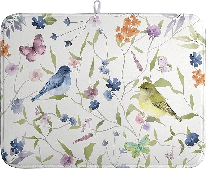 Spring Floral Birds Dish Drying Mats Spring Summer Dish Mat Green Leaf by farg