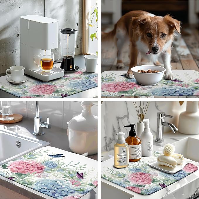 Spring Flowers Dish Drying Mat for Kitchen Counter Blue Pink Hydrangea Floral - Image 7