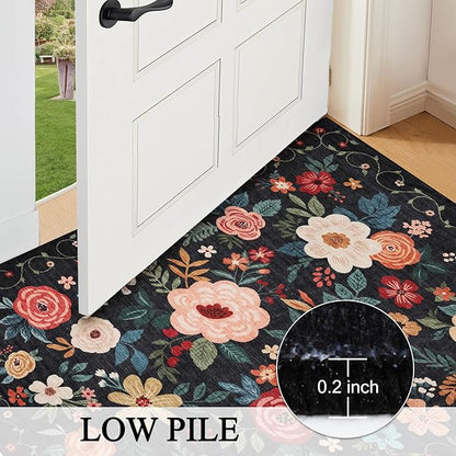 DUKINO 3x5 Area Rug, Floral Rugs for Living Room, Lightweight Non Slip Washable Rug, Indoor Low Pile & Non-Shedding Boho Design Rugs for Bedroom, Living Room, Dining Room, Black