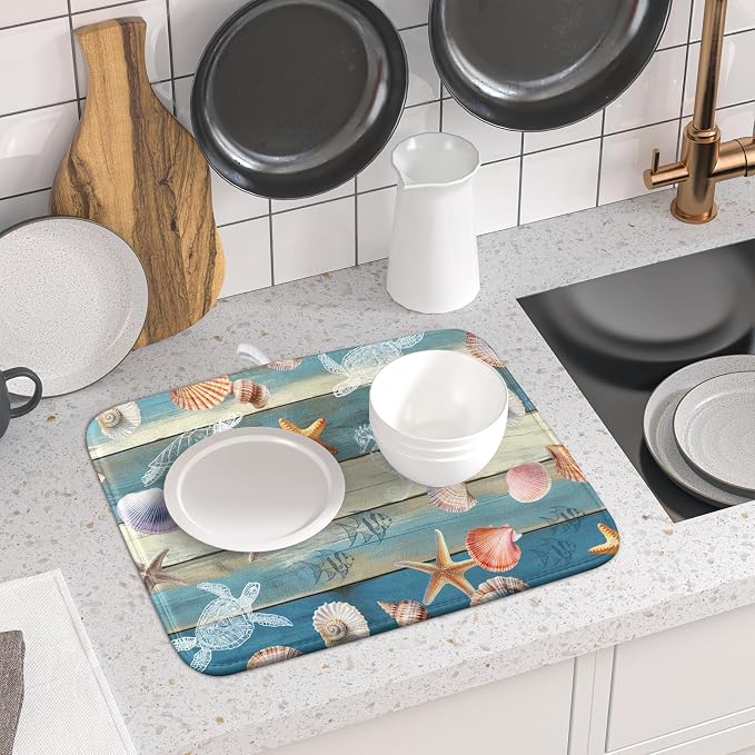 Giwawa Coastal Starfish Dish Drying Mat Summer Sea Turtle Drainer Rack Mat - Image 6