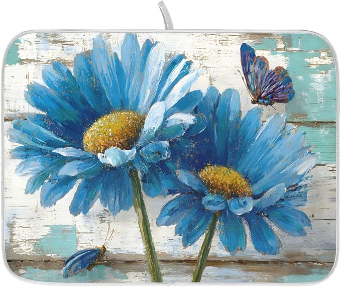 Rustic Daisy Blue on Vintage Wooden Dish Drying Mat by ALAZA