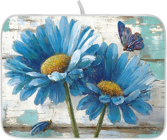 Rustic Daisy Blue on Vintage Wooden Dish Drying Mat by ALAZA