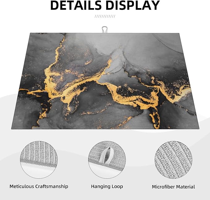 Black Gray Gold Marble Kitchen Drying Mat Abstract Modern Microfiber Dish - Image 3
