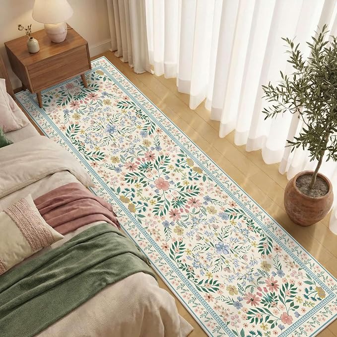 2'6" x 8' Floral Runner Rug, Washable Runners - Image 2
