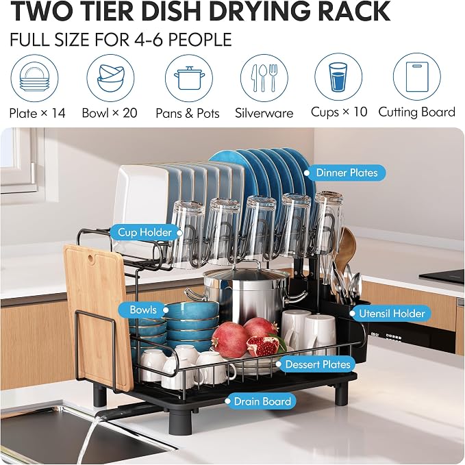 MAJALiS 2 Tier Black Large Stainless Steel Dish Drainers Drying Rack - Image 6
