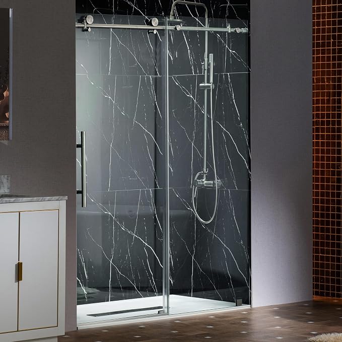 Woodbridge Frameless Single Sliding Shower Doors in Brushed Nickel Finish by WOODBRIDGE