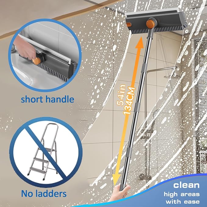 Floor Scrubbing Brush with Squeegee, 2 in 1 Grout Brush with 54" Adjustable - Image 4