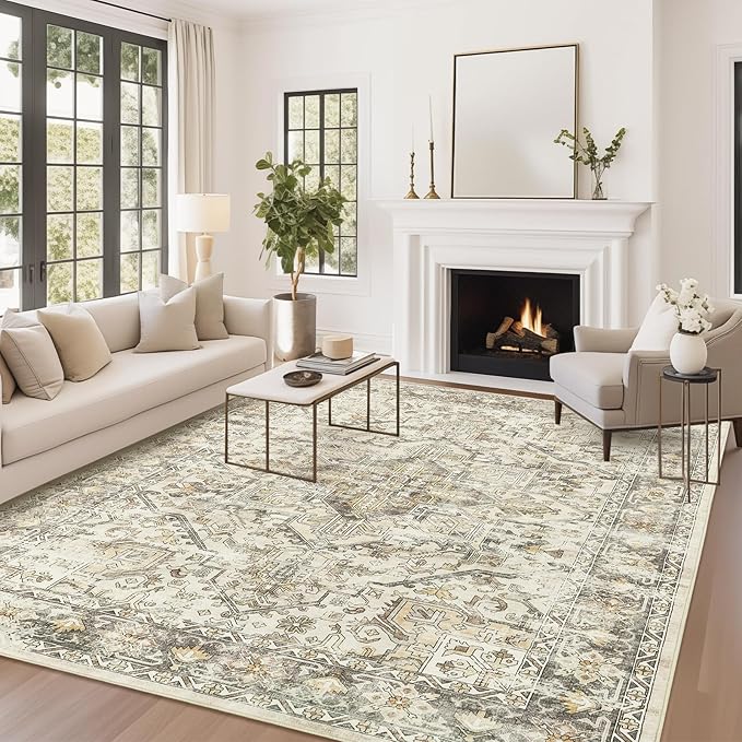 zesthome 6x9 Area Rug, Super Soft Washable Rugs for Living Room, Non-Slip Stain Resistant Vintage Rugs, Ultra-Thin Large Area Rugs (Beige/Brown,6'x9')
