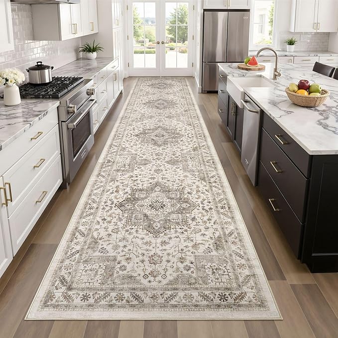 Vintage Hallway Runner Rug 3x14: Large Soft Washable Entryway for Kitchen Laundry Room Non-Slip Backing Runner for Entrance Living Room Bedroom Bathroom - Light Brown