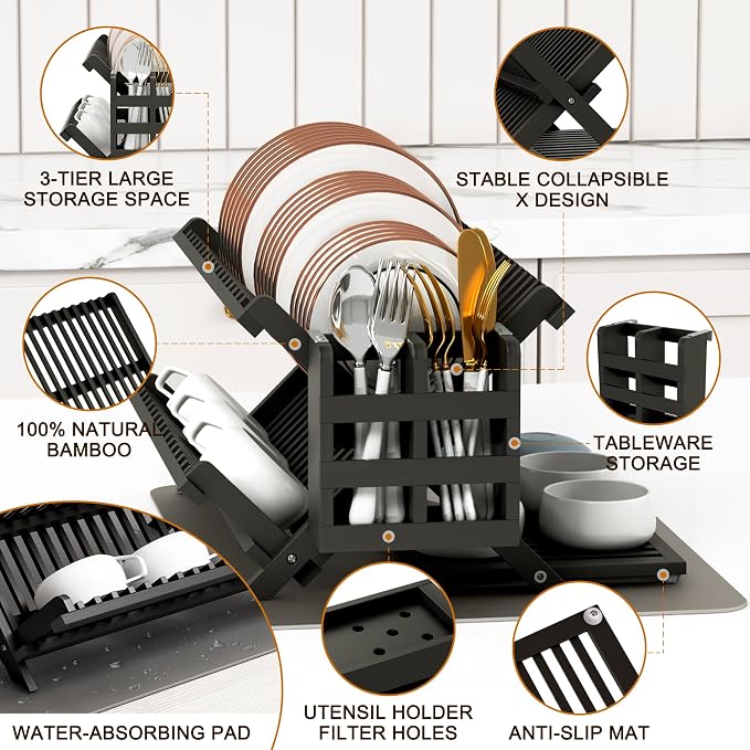 Greenual Black Bamboo Dish Drying Rack - Image 5
