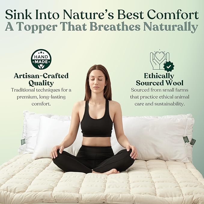 Organic Merino Wool Mattress Topper - Luxury Pillow Top Mattress Pad, Handmade, Non-Toxic, Cooling & Hypoallergenic, Natural Back Pain Relief, Sustainable Bedding (Full)