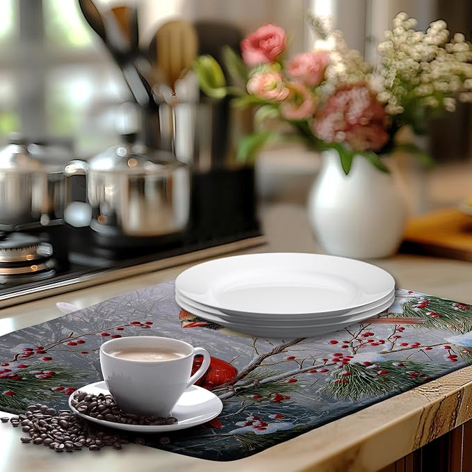 Winter Cardinal Birds Dish Drying Mats Christmas Snowflake Dish Mat Kitchen - Image 6