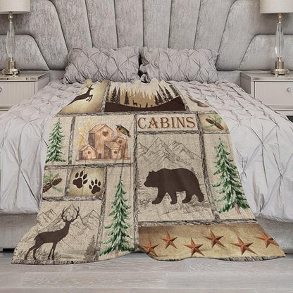 Rustic Cabin Bear Blanket, Lake Country Lodge Bear Deer Forest Farmhouse Camp Print Soft Warm Cozy Lightweight Decorative Blanket for Couch Bed Sofa Travel, 50"x60"