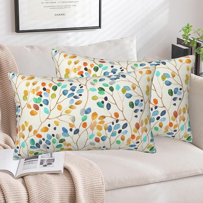 Throw Pillow Covers Colorful Leaves Spots Pillow Covers 20x12 Inch Set of 2 Boho Floral Throw Pillows Decorative Pillow Cases Cushion Covers for Bedroom Livingroom Sofa Farm House