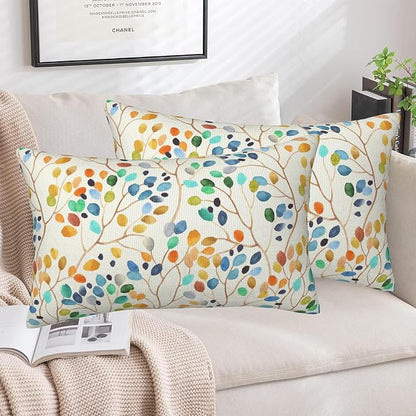 Throw Pillow Covers Colorful Leaves Spots Pillow Covers 20x12 Inch Set of 2 Boho Floral Throw Pillows Decorative Pillow Cases Cushion Covers for Bedroom Livingroom Sofa Farm House