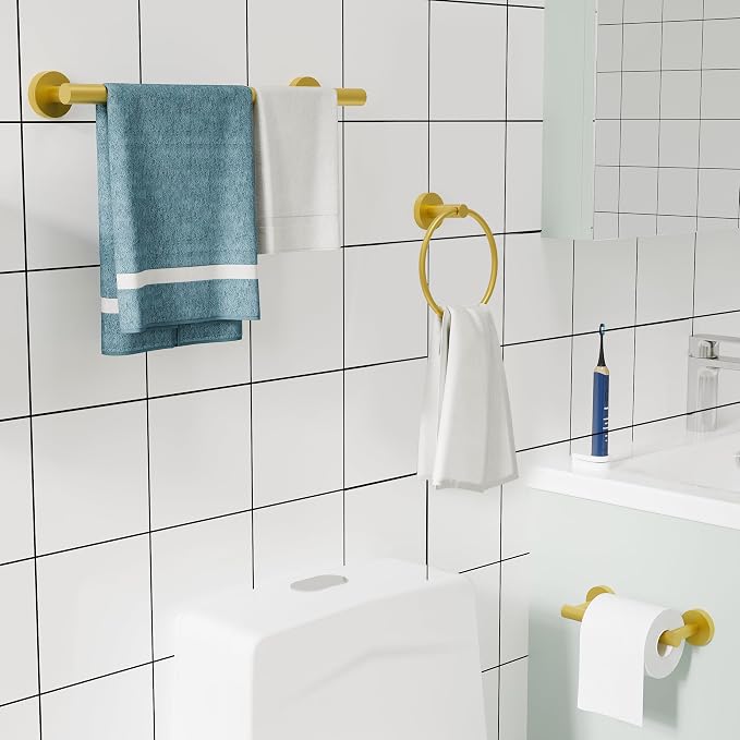 3pc Bathroom Hardware Set with Brushed Brass Toilet Paper Holder & Towel Ring & - Image 4