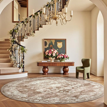 jinchan Round Rug 7ft Area Rug - Brown Vintage Floor Mat Kitchen Indoor - Washable Circle 7' Thin Floral Print Carpet Retro Farmhouse Non Slip Dining Room Living Room Bedroom Office