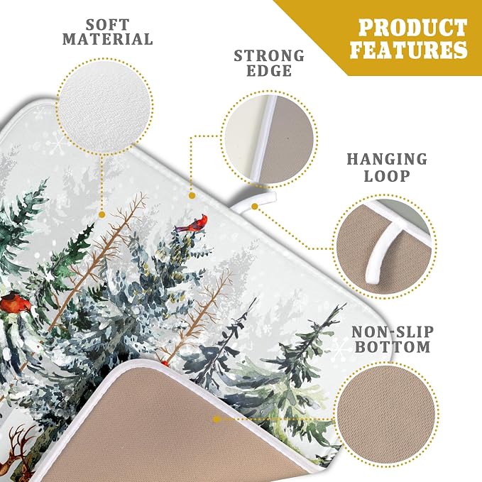 Pine Tree Dish Drying Mat for Kitchen Counter 16x18 Inch Forest Deer Absorbent - Image 4