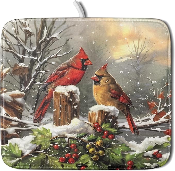 Winter Dish Drying Mat for Kitchen Counter 16x18 Inch Red Birds Cardinal Tree by Aytipun
