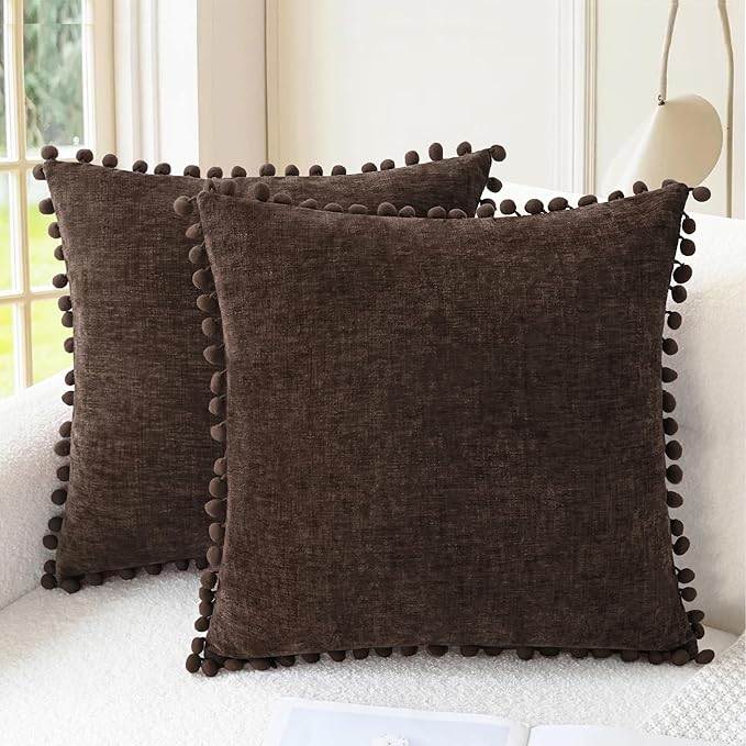 CaliTime Throw Pillow Covers Decorative 16 X 16 Inches Pack of 2 Cozy Solid Dyed Soft Chenille Cushion Cases with Pom Poms for Couch Sofa Bed Living Room Home Coffee