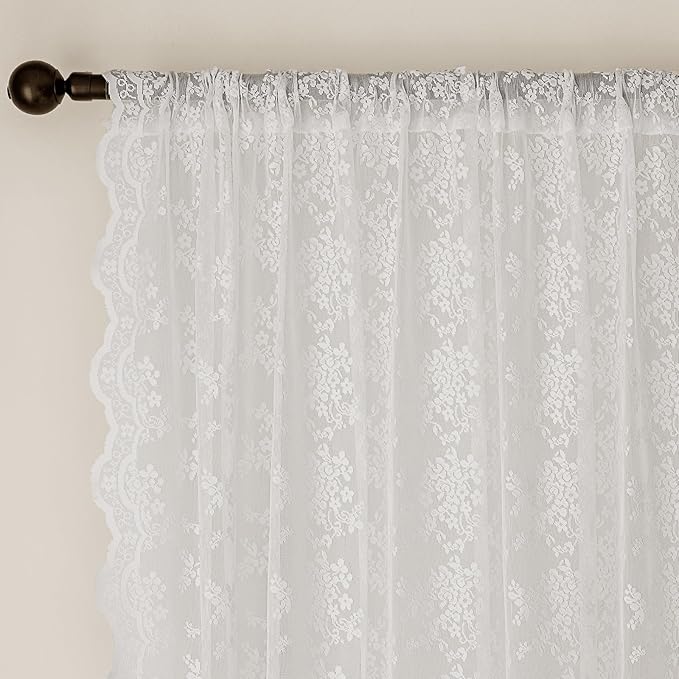 Anmao Vintage White Lace Curtains 72 Inches Long 2 Panels Set, Romantic Elegant Light Filtering Semi Sheer Floral Thick Lacy Curtain Drapes for Living Room and Bedroom, Each Panel 55W x 72L, Off White