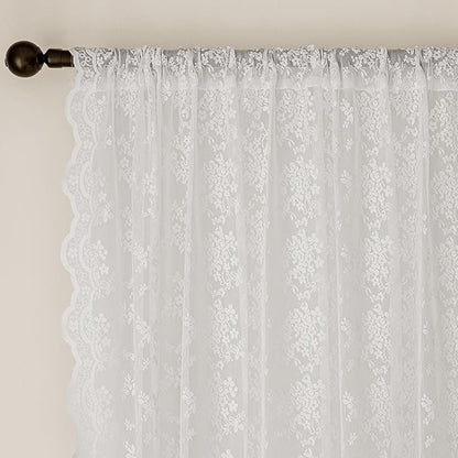 Anmao Vintage White Lace Curtains 72 Inches Long 2 Panels Set, Romantic Elegant Light Filtering Semi Sheer Floral Thick Lacy Curtain Drapes for Living Room and Bedroom, Each Panel 55W x 72L, Off White