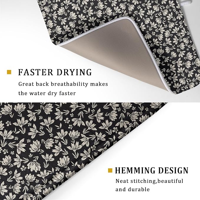 Floral Dish Drying Mat for Kitchen Counter 24x18 Inch Black Flower Drying Mat - Image 5