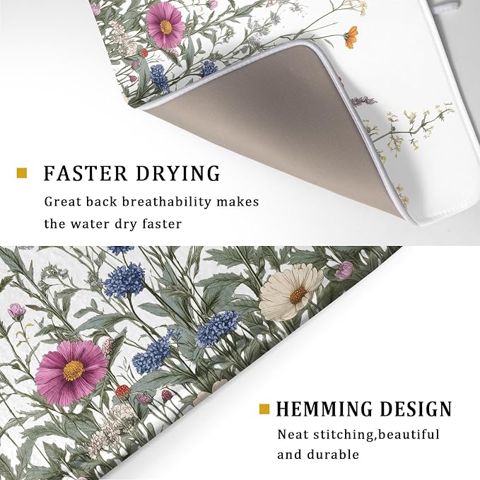 Giwawa Flower Herbs Dish Drying Mat Botanical Plant Dishes Drainer Mat 18x24 - Image 3