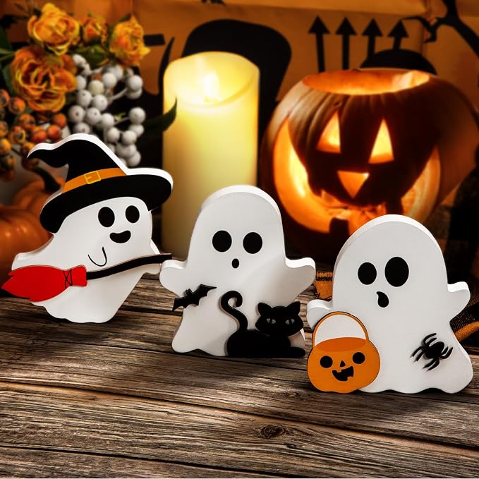 COCHIE Cute Ghost Halloween Decorations Indoor, Wooden Tiered Tray Decor Table by COCHIE