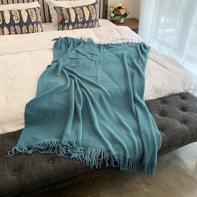 LOMAO Knitted Throw Blanket with Tassels Bubble Textured Lightweight Throws for Couch Cover Home Decor (Teal, 60x90)