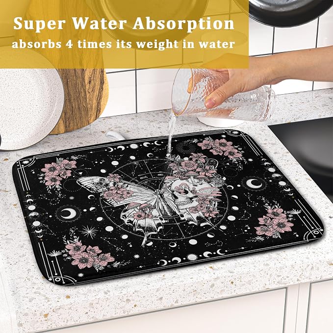 Skeleton Butterfly Dish Drying Mat Black Skull Absorbent Dish Drainer - Image 7