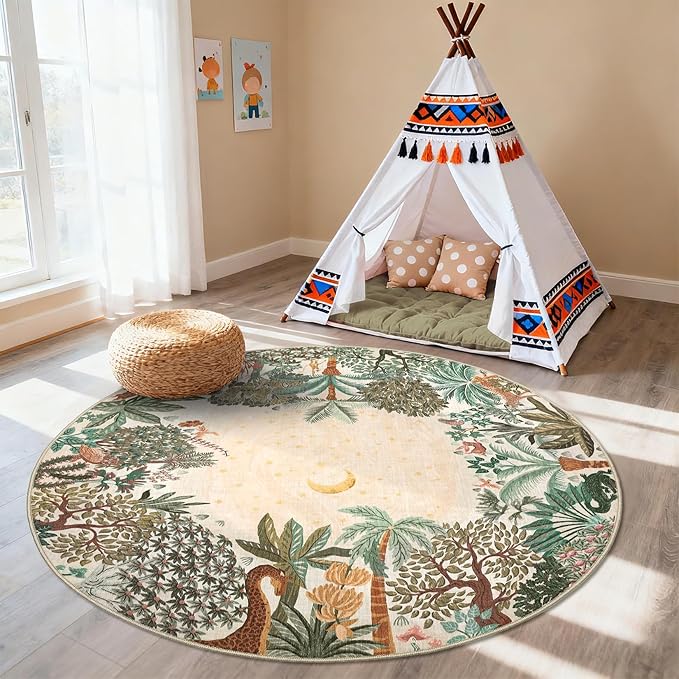 GarveeHome Round Area Rugs 8ft for Living Room, Large Beige Jungle Washable - Image 7