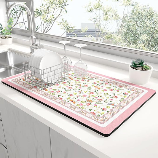 Rnivvi Dish Drying Mat for Kitchen Counter, XL 15 x 24" Cute Flower Theme by Rnivvi