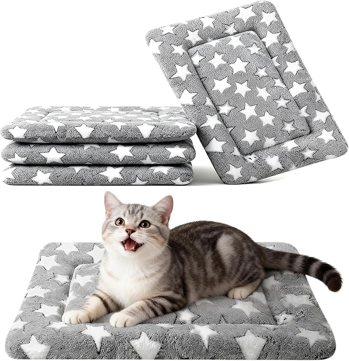 Dog Crate Mat, 4 Piece Reversible Pet Bed, Polyester, Machine Washable, Small Dogs & Cats, Rectangular, 24 x 18 x 1.3 Inches (Gray Star, 18" L x 14" W x 1.5Th)