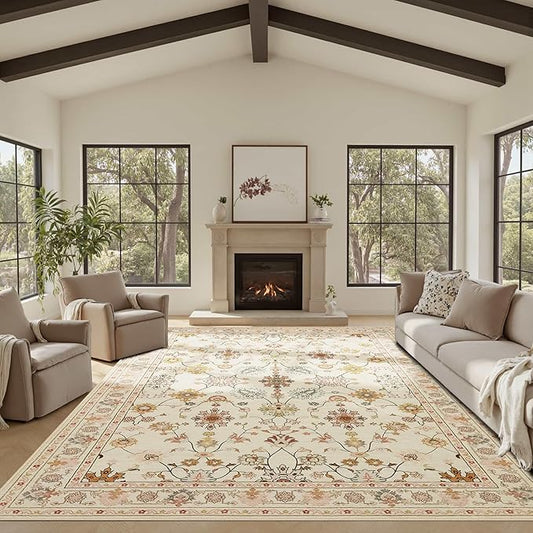 Floral Rug for Living Room Bedroom, 8x10 Washable Rug, Vintage Boho Area Rug by Rugxara