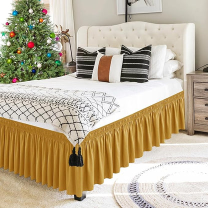 Biscaynebay Wrap Around Bed Skirts for King & Cal King Beds Short Drop of 12", Gold Adjustable Elastic Dust Ruffles Easy Fit Wrinkle Resistant Silky Luxurious Fabric Machine Washable