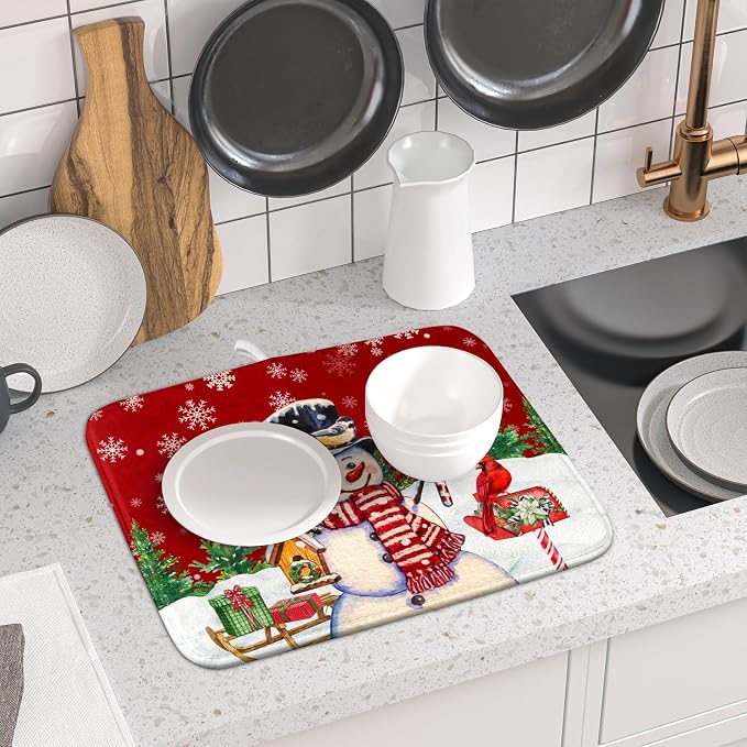 Winter Snowman Dish Drying Mat Red Bird Microfiber Dish Pad 16x18 Inch - Image 6