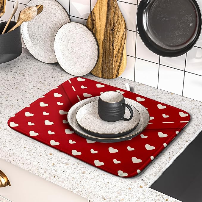 Valentines Day Dish Drying Mat for Kitchen Counter 16x18 Cream Red Love Heart - Image 5