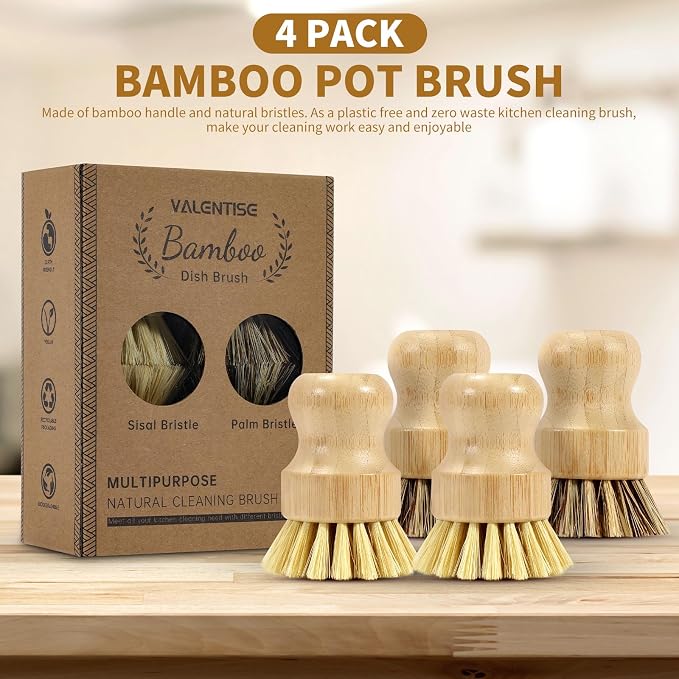 4 Pack Bamboo Dish Brush Set, Natural Palm Dish Scrubber - Image 3