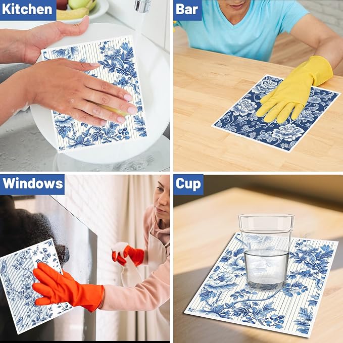 Blue Floral Swedish Dishcloths for Kitchen, 6 Pack Reusable Dish Paper Hand - Image 6