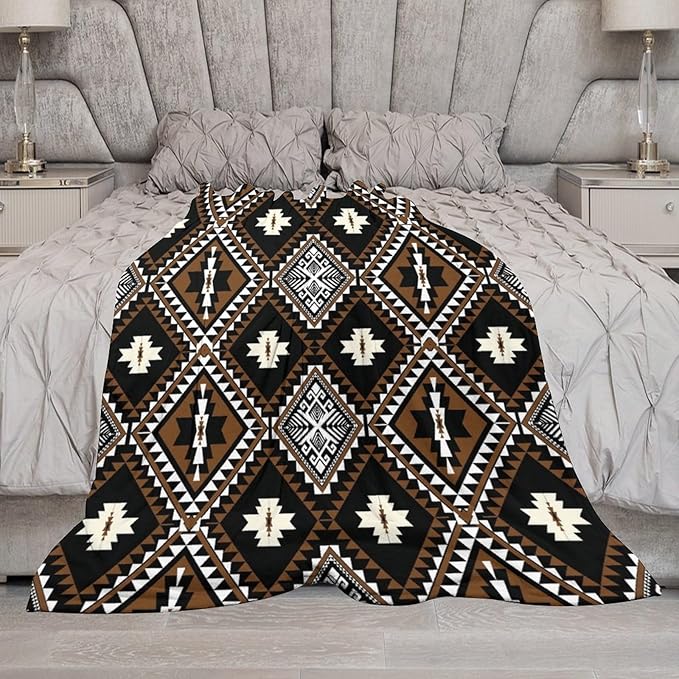 Rustic Western Throw Blanket, Southwestern Bohemian Ethnic Style Native Aztec Pattern Flannel Blanket for Sofa Bed, All Seasons 30"x40"