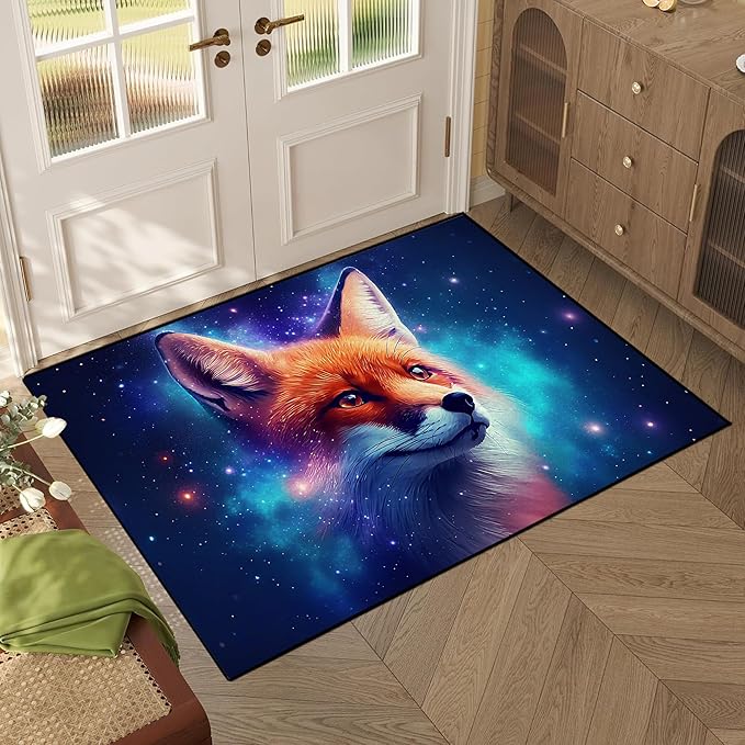 Galaxy Fox Rug 3D Cute Foxes Area Rugs for Bedroom Living Room Playroom Boys Kids Cartoon Colorful Carpet Glitter Stars Throw Rugs Floor Mat 63 in x 31 in