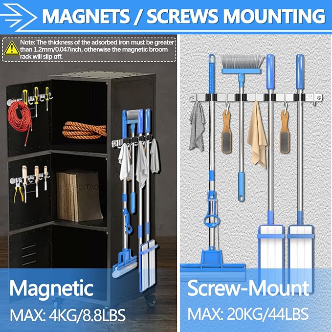 3-H Magnetic Broom Holder Wall Mount 1 Pack, 2-in-1 Dual Mount, 304 Stainless - Image 3
