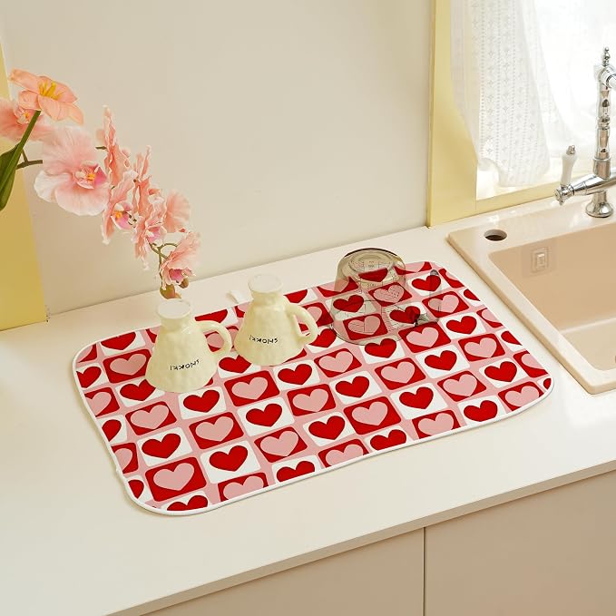 Valentines Day Dish Drying Mats 18x24 Inch Pink Red Heart Plaid Drying Mats - Image 5