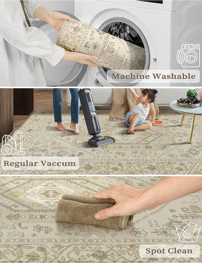 SERISSA Boho Washable Runner Rug, 2x5 Non-Slip Kitchen Runner Rug Vintage Beige Hallway Rug Ultra Soft Print Distressed Oriental Floor Carpet Runner for Bedroom Bathroom Laundry Living Room