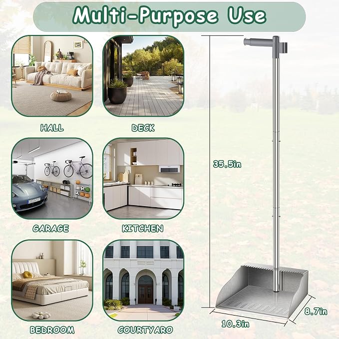 Dust Pans with Long Handle, Heavy Duty Metal Dust Pan with Handle, Upright - Image 2