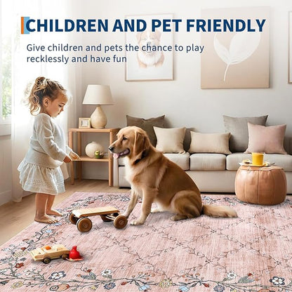 GarveeHome 5x7 Washable Floral Area Rugs for Living Room: Modern Floral Non Slip Large Area Rugs for Bedroom, Large Machine Washable Living Room Low Pile Carpet with Non-Slip Backing Pink 5 ft x7 ft.