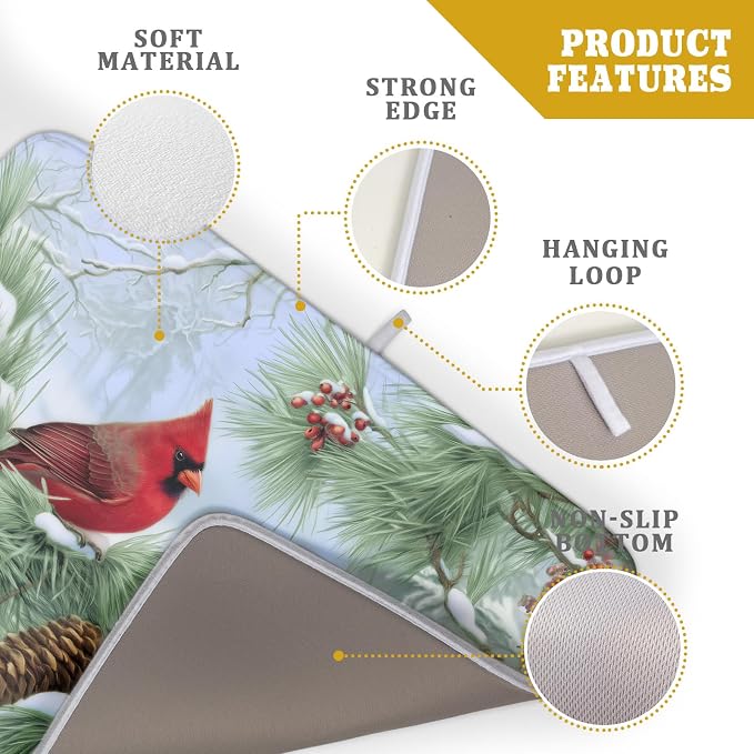 Winter Dish Drying Mat for Kitchen Counter Cardinal Birds Pine Trees Festival - Image 4