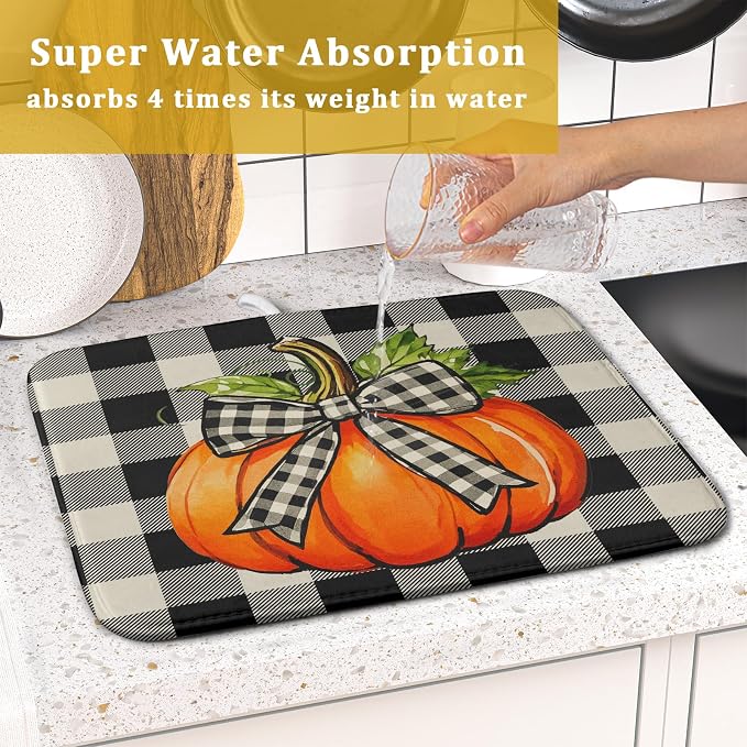 Fall Dish Drying Mat for Kitchen Counter 16x18 Autumn Pumpkin Plaid Theme - Image 7